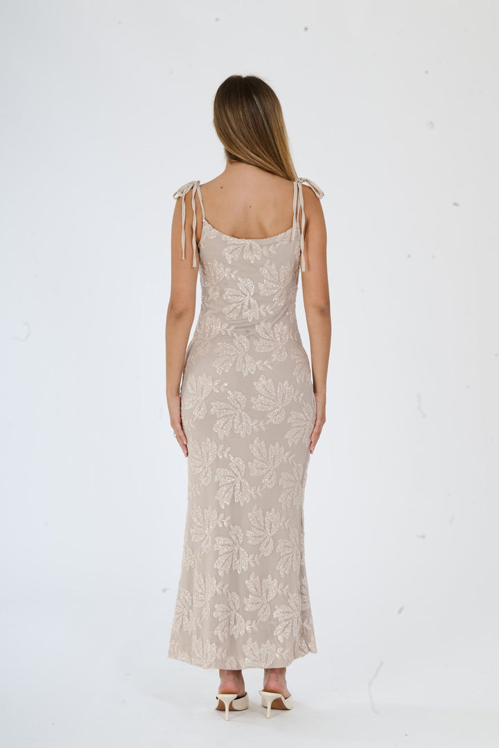 “Melvya” Dress – Long Beige Dress with Thin Straps and Raised Floral Embroidery