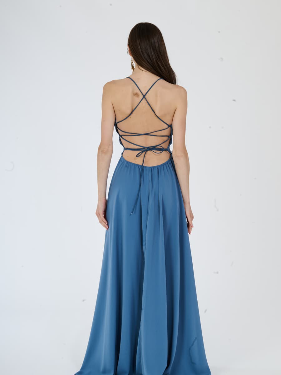 "Delfina" Dress – Elegant Long Dress in Polyester with Thin Straps and Tied Back