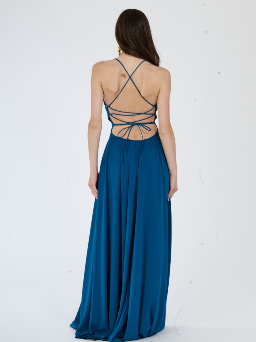 "Delfina" Dress – Elegant Long Dress in Polyester with Thin Straps and Tied Back
