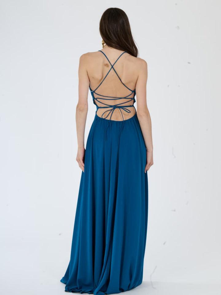 "Delfina" Dress – Elegant Long Dress in Polyester with Thin Straps and Tied Back