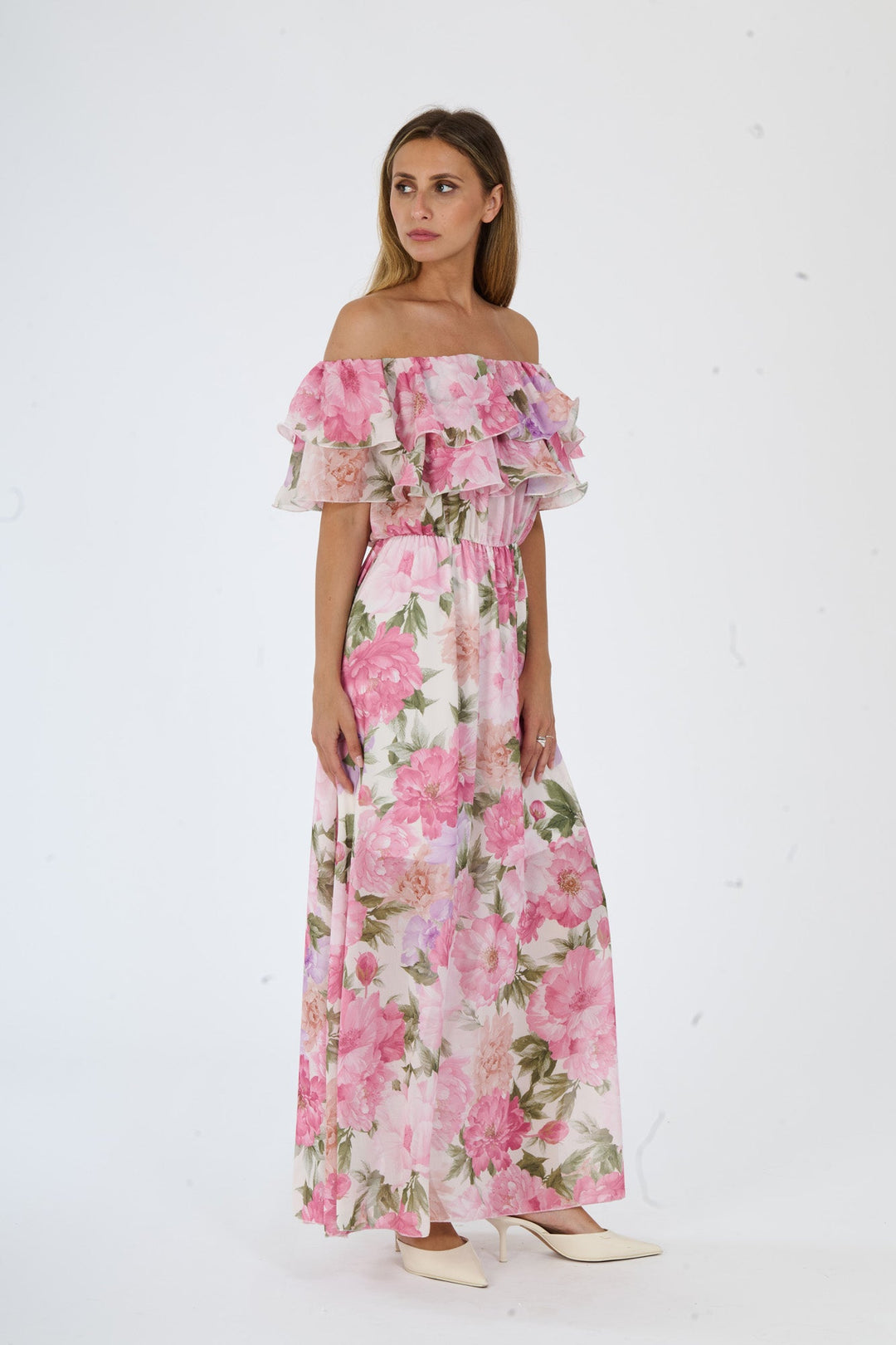 “Hydrangea” Dress – Long Floral Dress with Off-the-Shoulder Sleeves and Romantic Ruffles