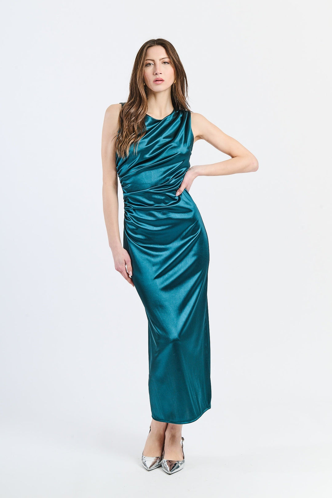 “Zaffira” Dress – Satin Midi Dress with Side Draping and Asymmetrical Neckline