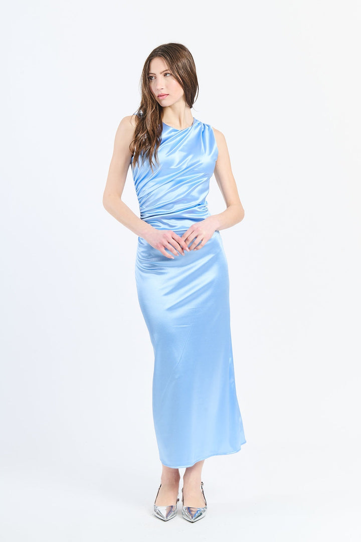 “Zaffira” Dress – Satin Midi Dress with Side Draping and Asymmetrical Neckline