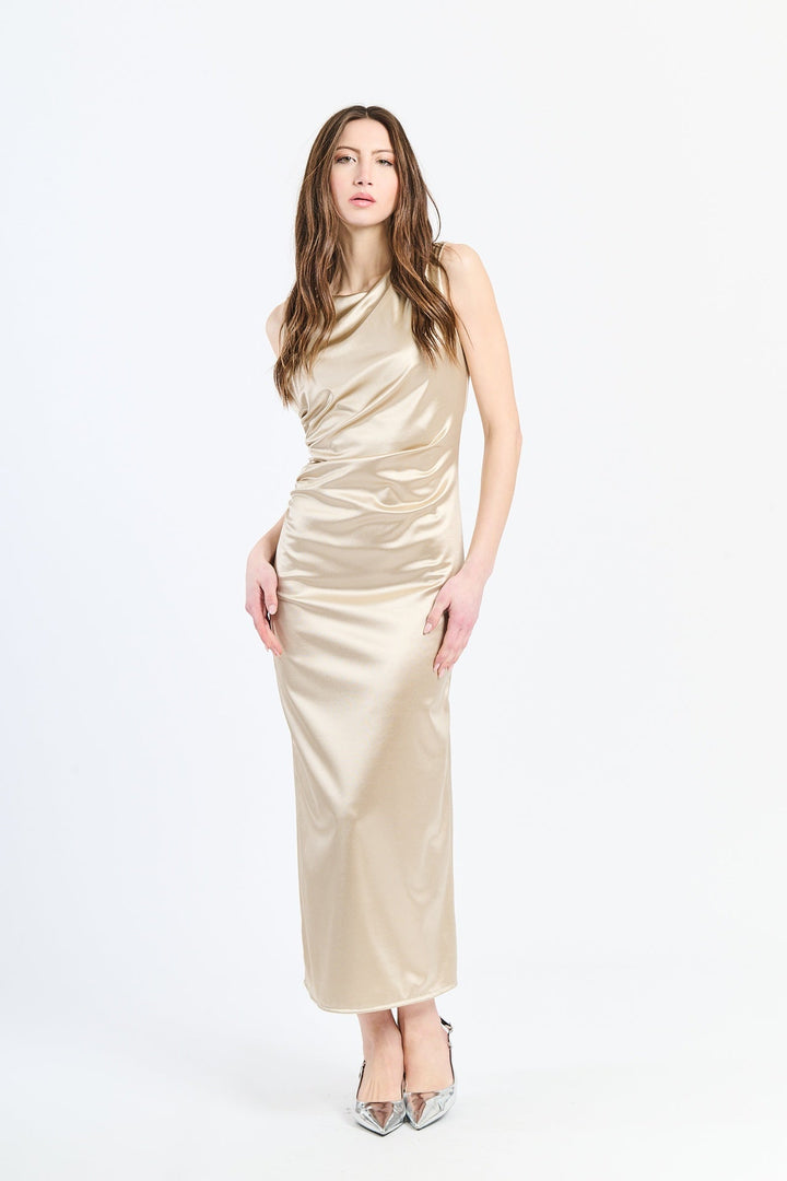 “Zaffira” Dress – Satin Midi Dress with Side Draping and Asymmetrical Neckline
