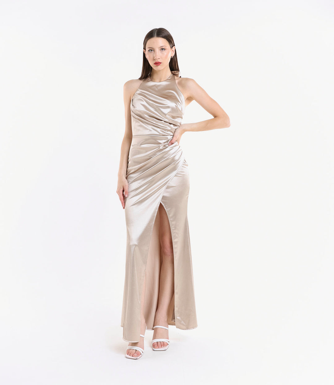 Draped Satin Dress with American Neckline Aria