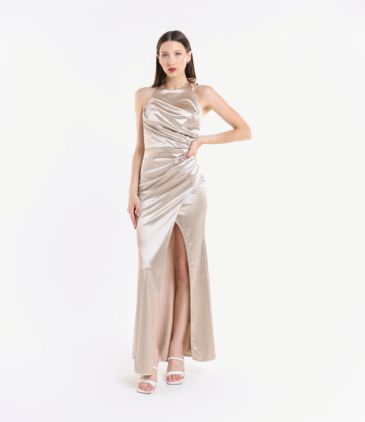 Draped Satin Dress with American Neckline Aria