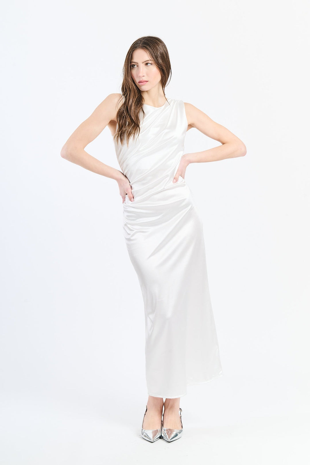 “Zaffira” Dress – Satin Midi Dress with Side Draping and Asymmetrical Neckline