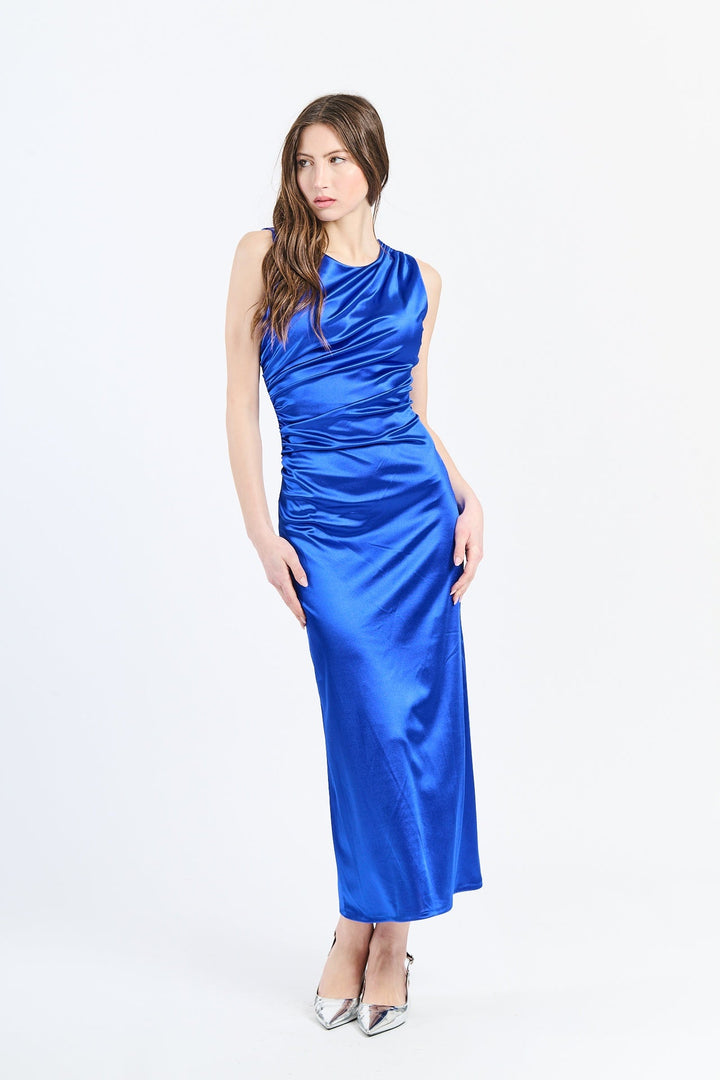 “Zaffira” Dress – Satin Midi Dress with Side Draping and Asymmetrical Neckline
