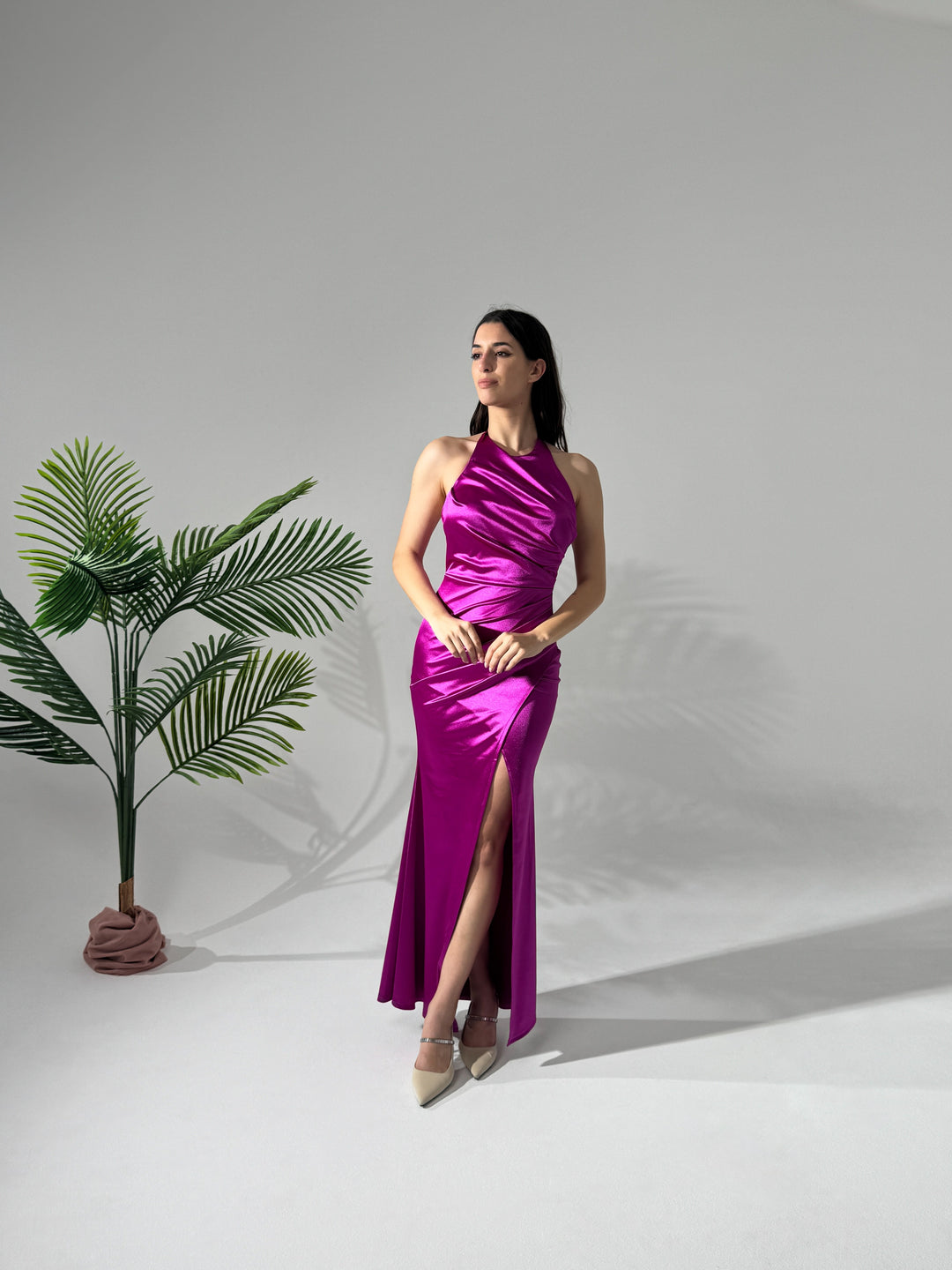 Draped Satin Dress with American Neckline Aria