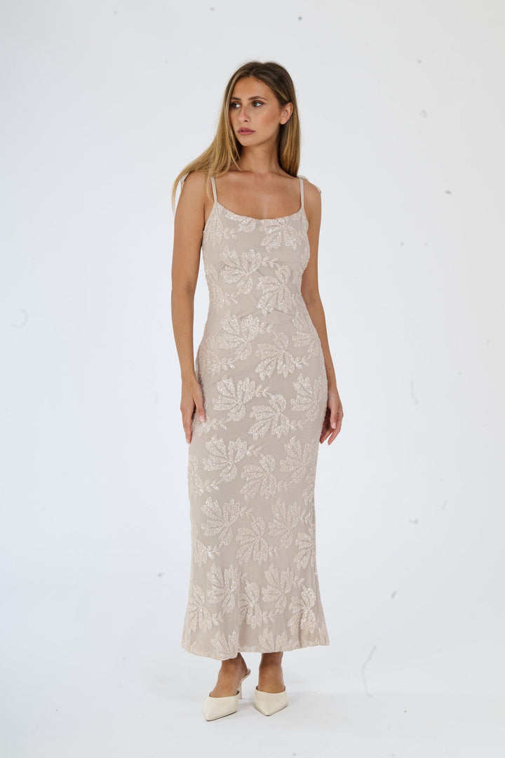 “Melvya” Dress – Long Beige Dress with Thin Straps and Raised Floral Embroidery
