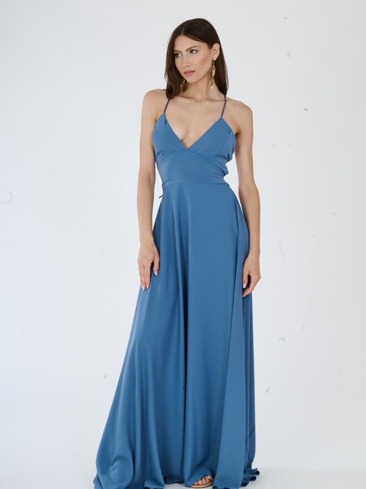 "Delfina" Dress – Elegant Long Dress in Polyester with Thin Straps and Tied Back