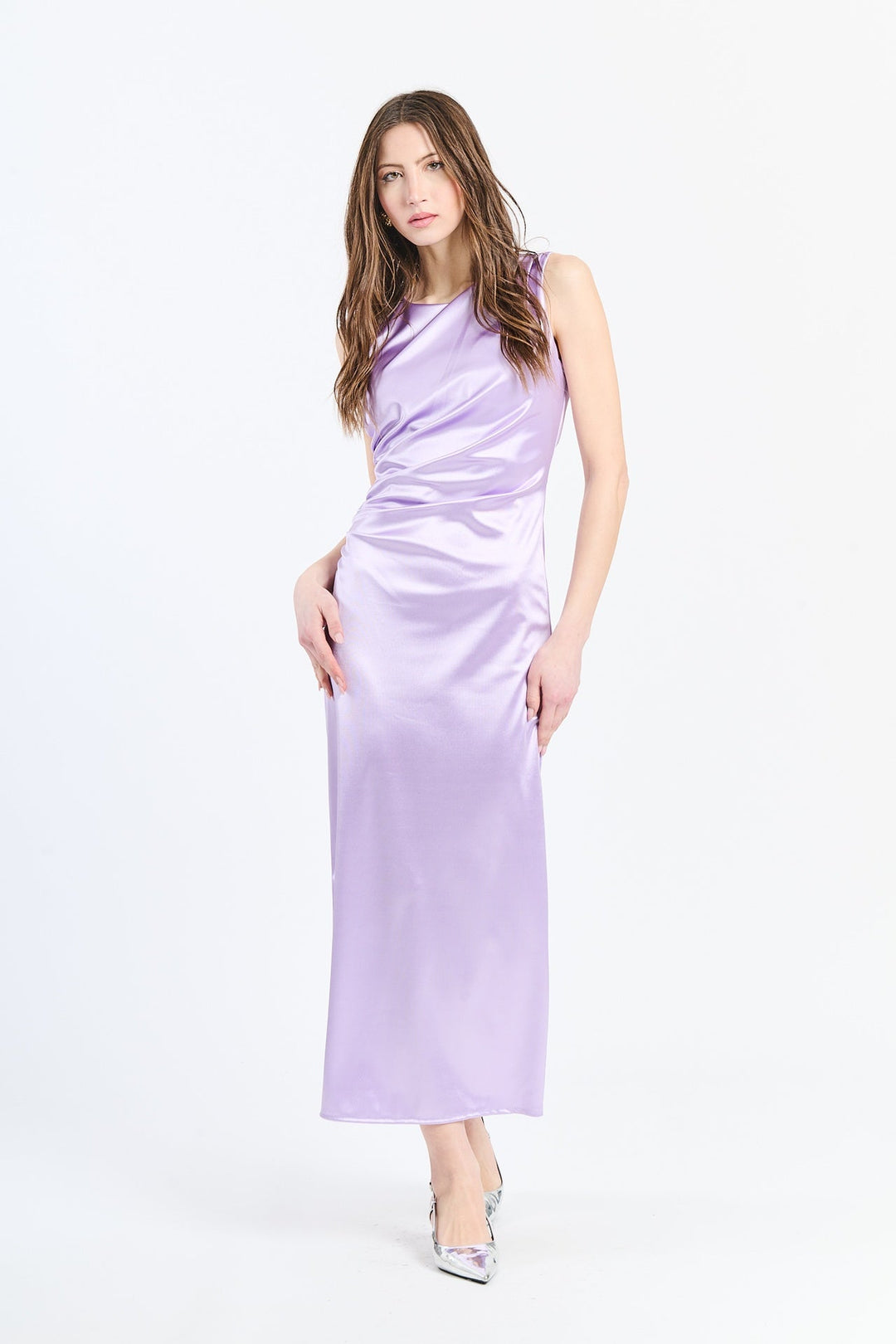 “Zaffira” Dress – Satin Midi Dress with Side Draping and Asymmetrical Neckline