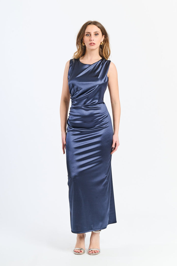 “Zaffira” Dress – Satin Midi Dress with Side Draping and Asymmetrical Neckline