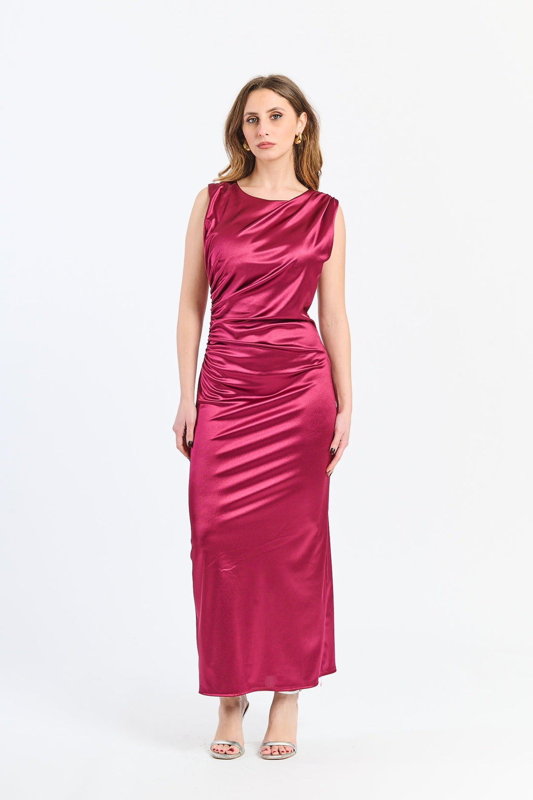 “Zaffira” Dress – Satin Midi Dress with Side Draping and Asymmetrical Neckline