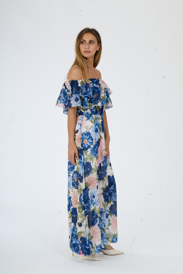 “Hydrangea” Dress – Long Floral Dress with Off-the-Shoulder Sleeves and Romantic Ruffles