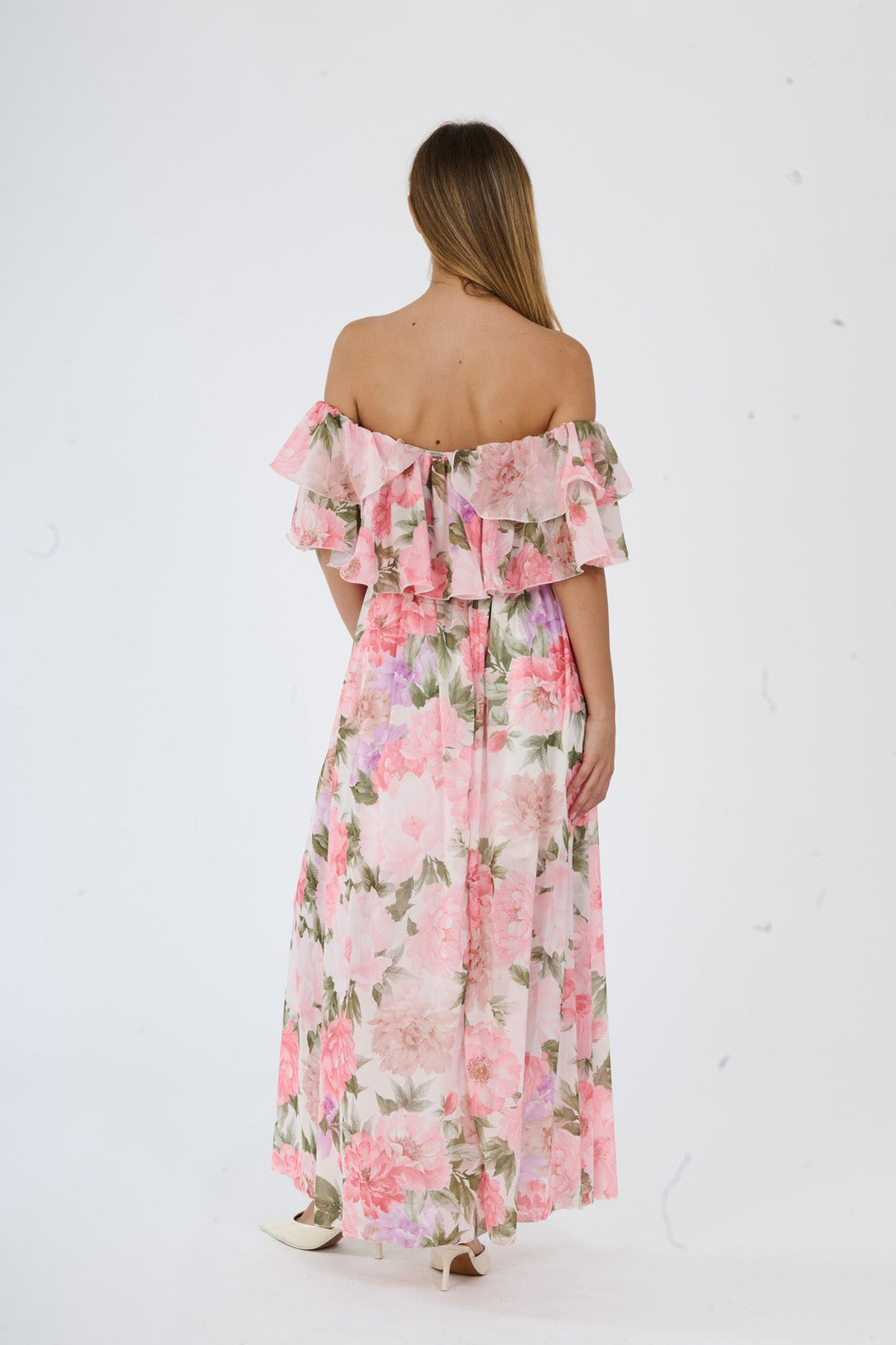 “Hydrangea” Dress – Long Floral Dress with Off-the-Shoulder Sleeves and Romantic Ruffles