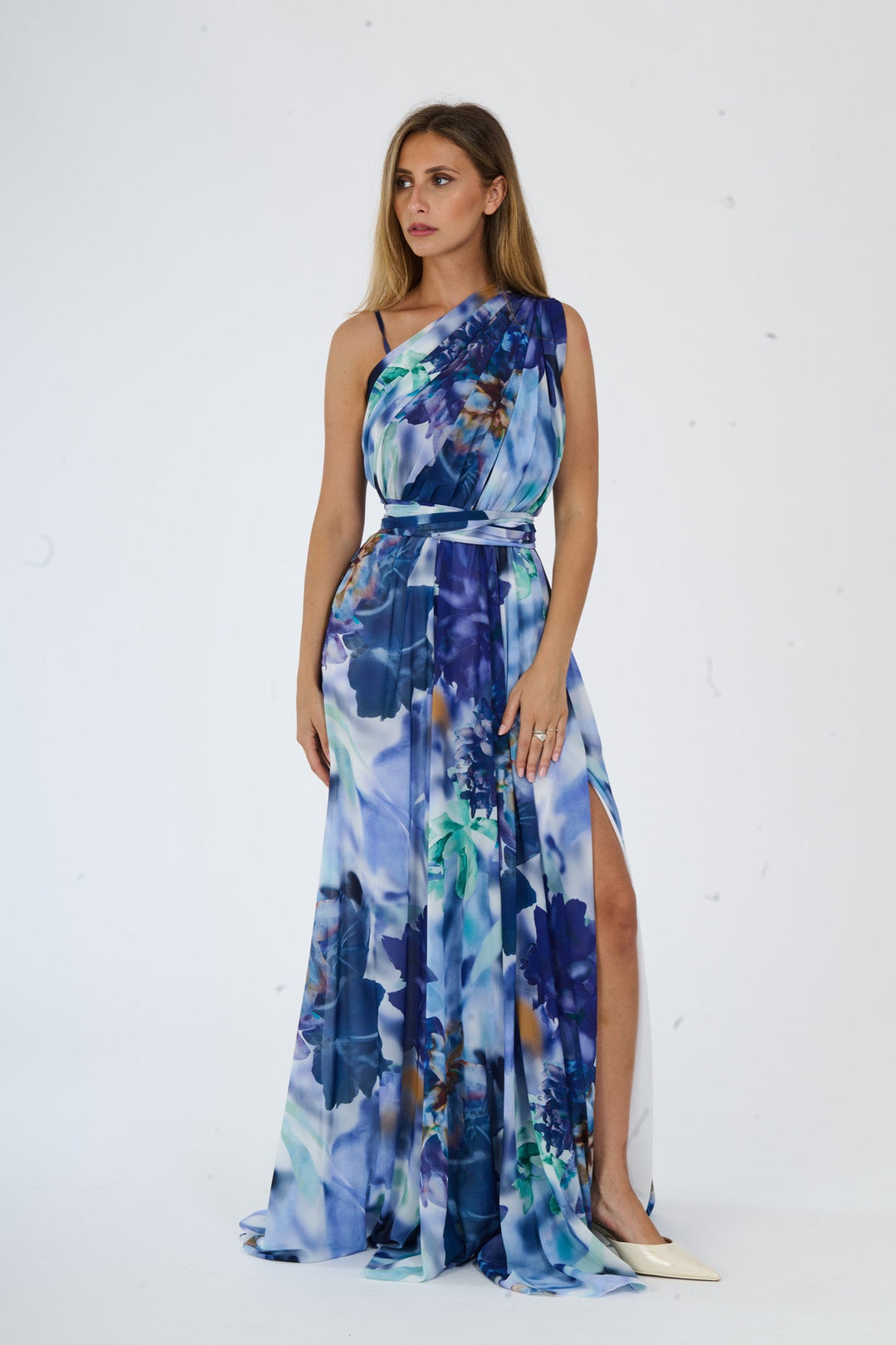 “Silvana” One-Shoulder Floral Dress with Side Slit