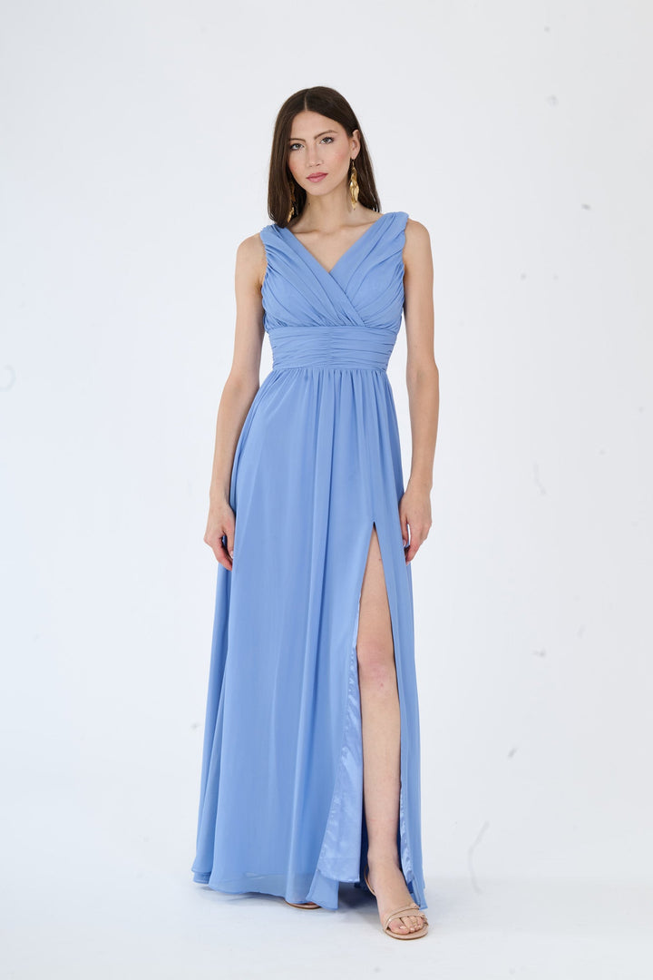 "Callista" Dress – Long V-Neck Dress with Draped Straps and Side Slit