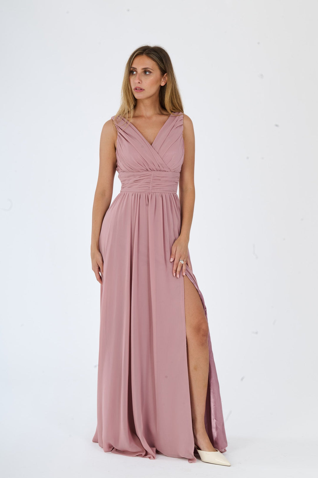 "Callista" Dress – Long V-Neck Dress with Draped Straps and Side Slit