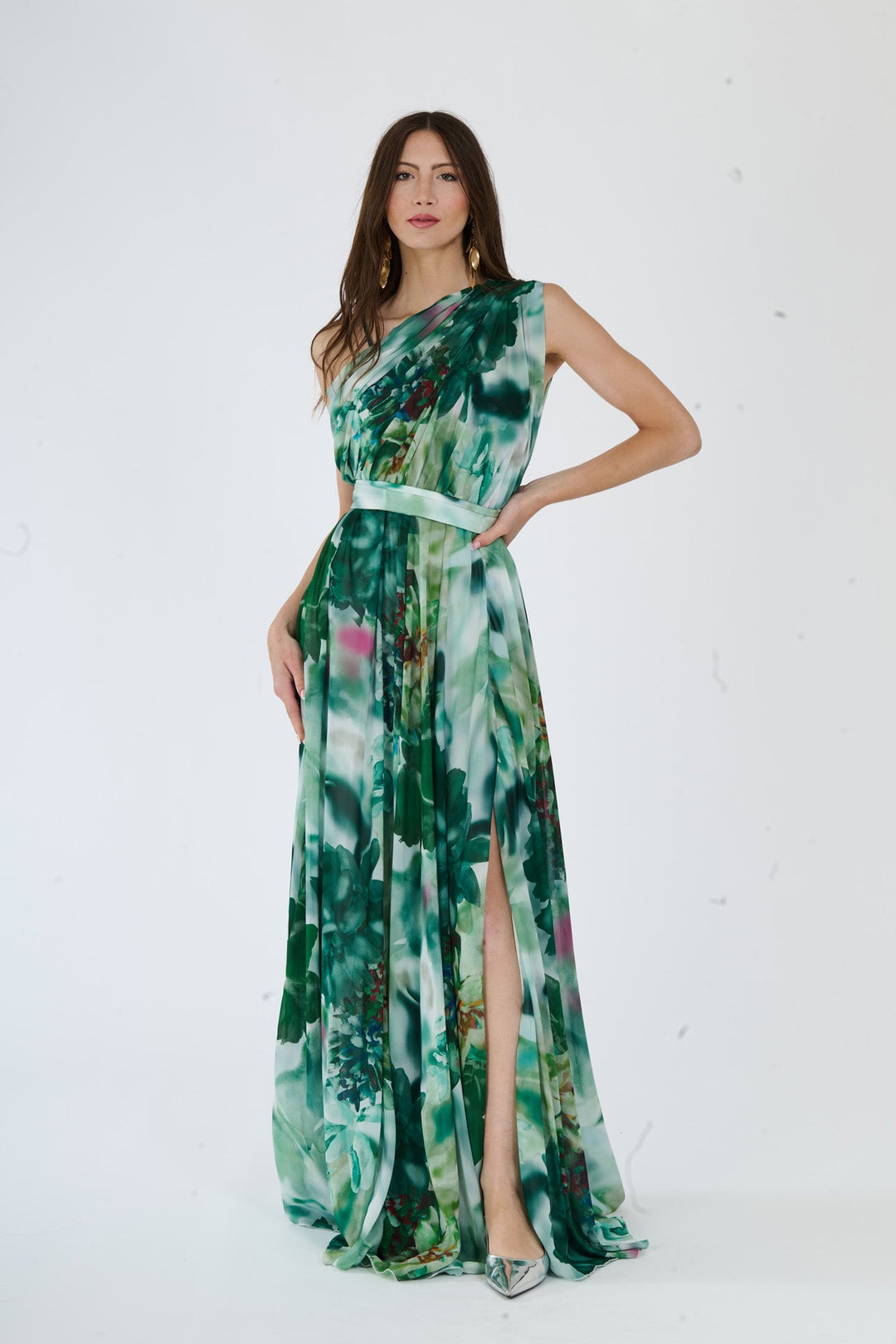 “Silvana” One-Shoulder Floral Dress with Side Slit