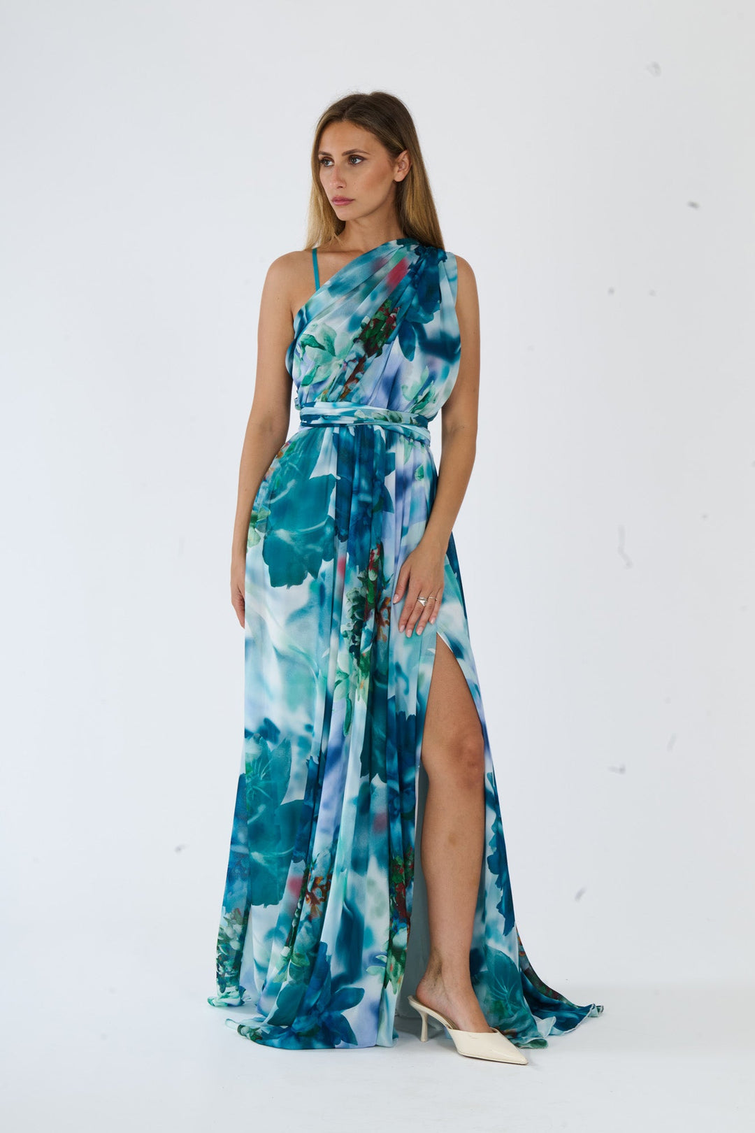 “Silvana” One-Shoulder Floral Dress with Side Slit