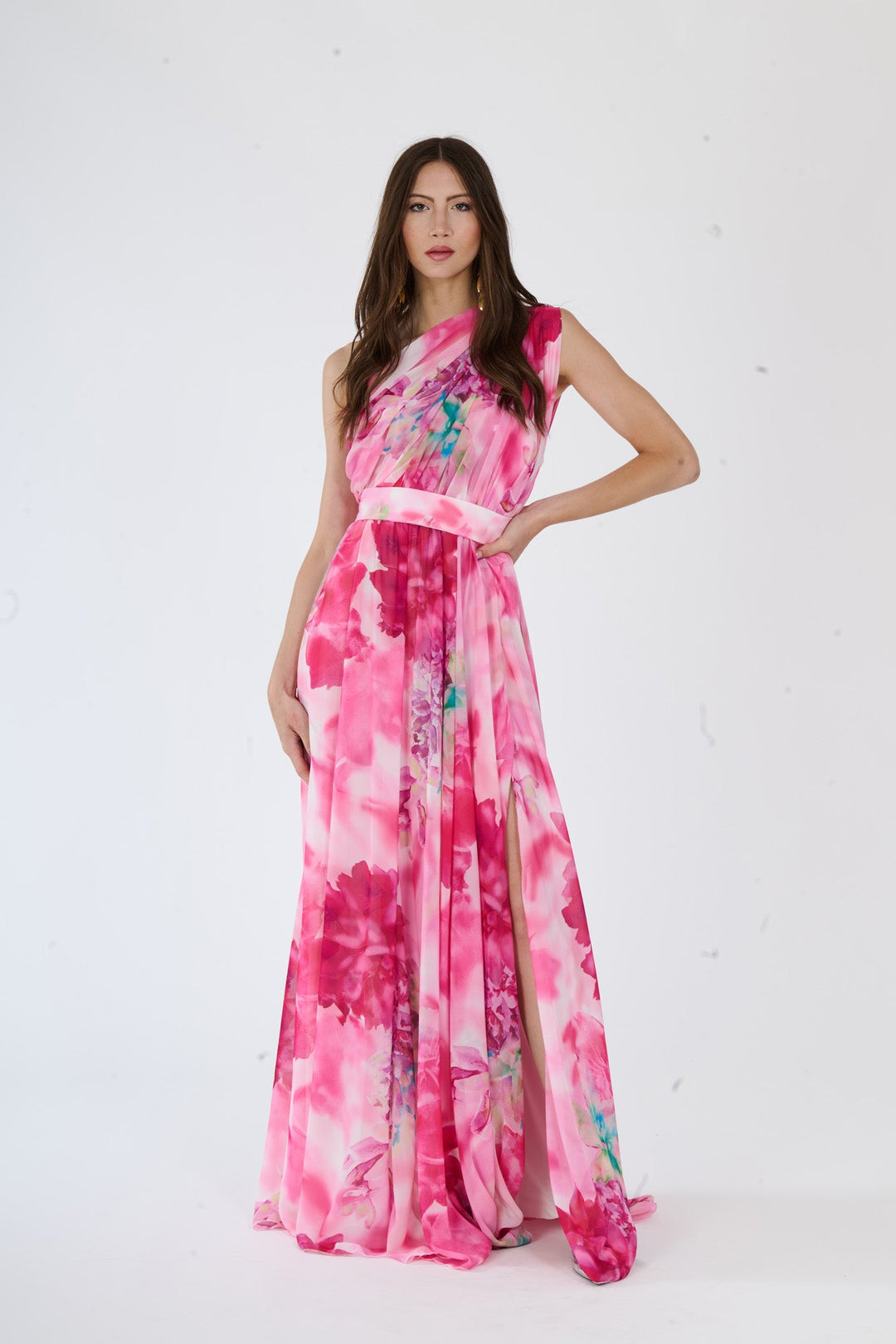 “Silvana” One-Shoulder Floral Dress with Side Slit