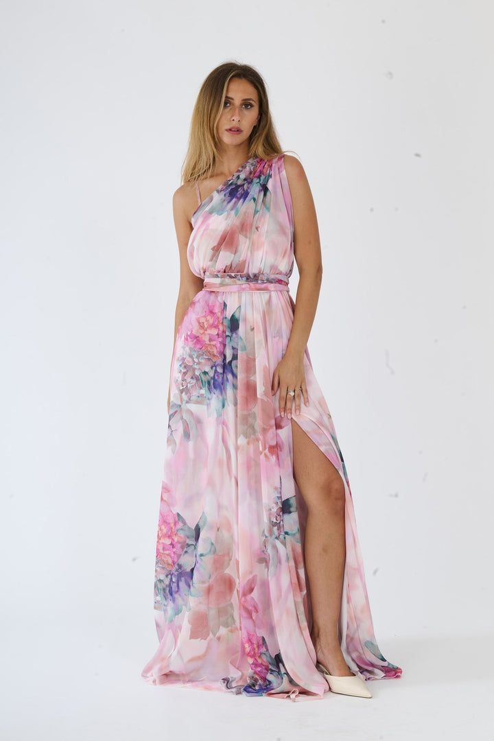 “Silvana” One-Shoulder Floral Dress with Side Slit