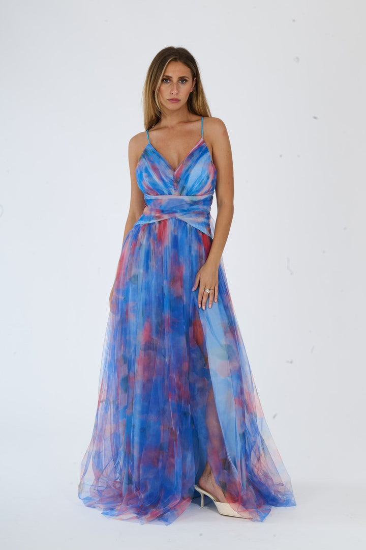 “Loreda” Dress – V-Neck Multicolor Tulle