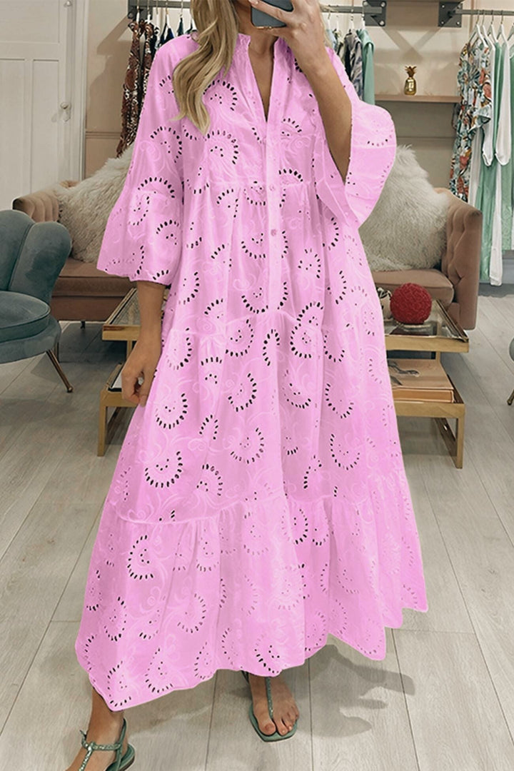 Noa™ - Cotton Dress with Embroidered Sleeves and V-Neck