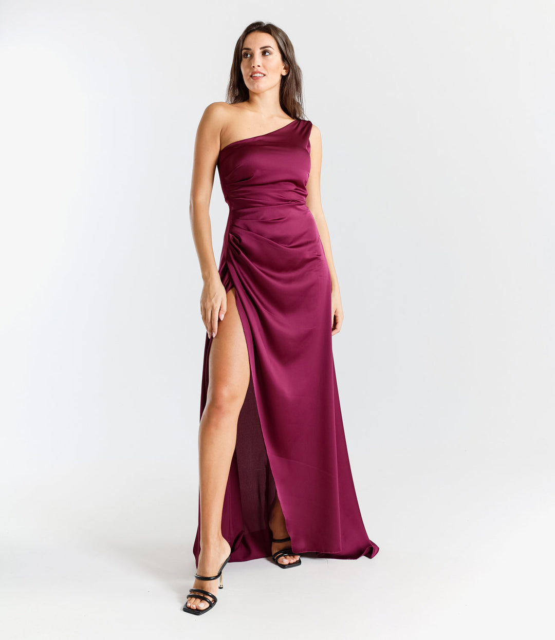 Elegant Long Dress in One-Shoulder Satin with Side Slit “Living Silk”