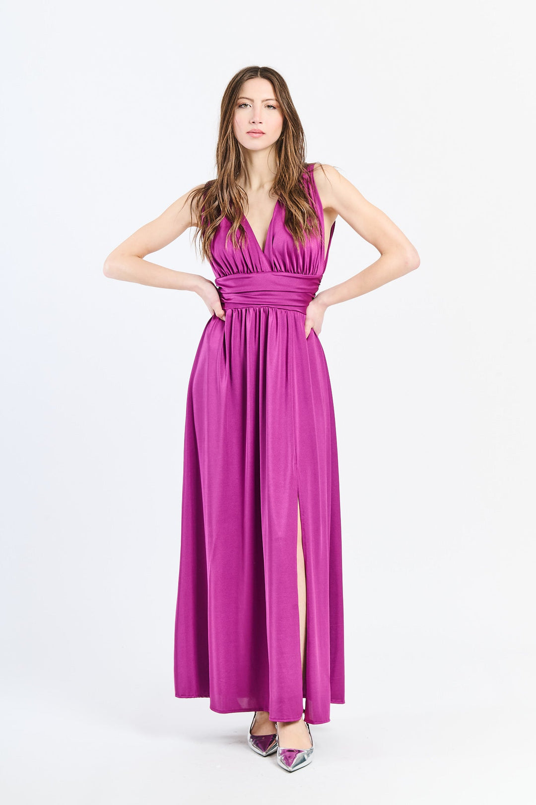 Long Satin Dress with V-Neck – Model “Aria”