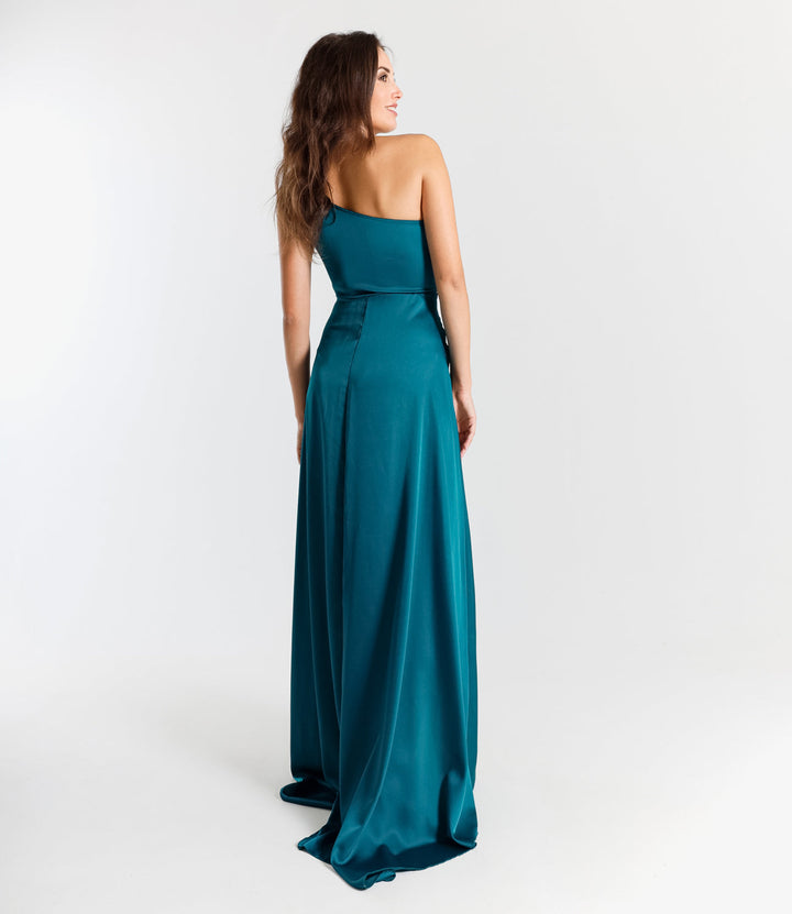 Elegant Long Dress in One-Shoulder Satin with Side Slit “Living Silk”