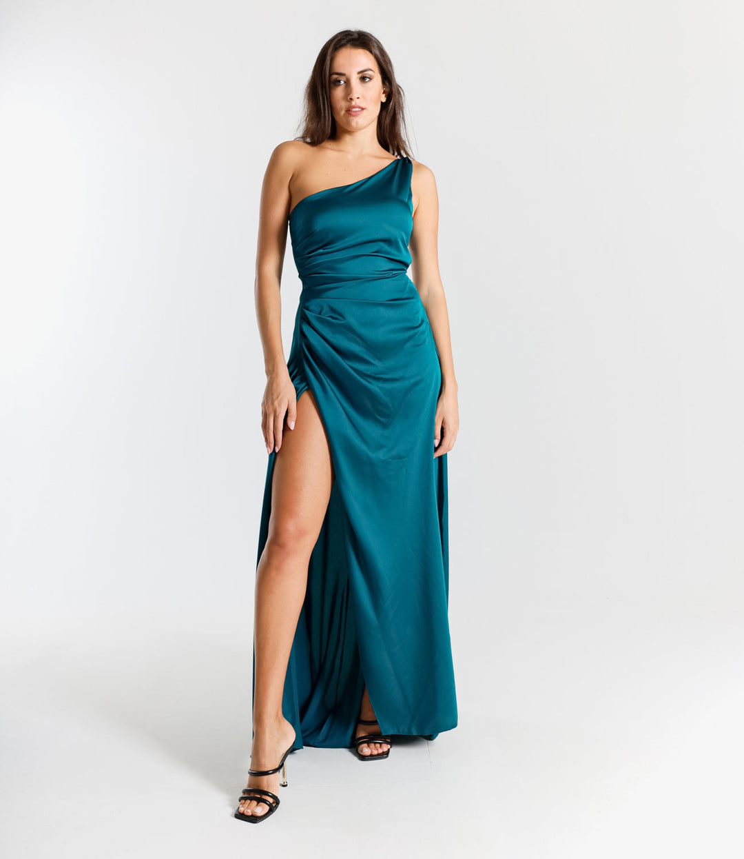 Elegant Long Dress in One-Shoulder Satin with Side Slit “Living Silk”