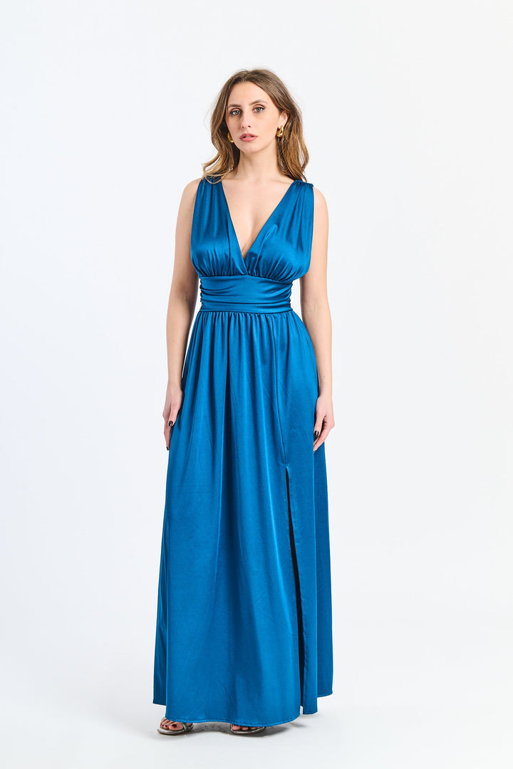 Long Satin Dress with V-Neck – Model “Aria”