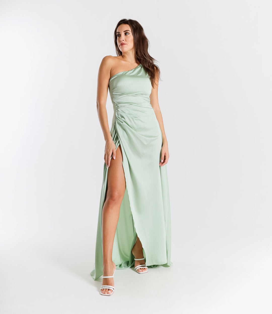Elegant Long Dress in One-Shoulder Satin with Side Slit “Living Silk”