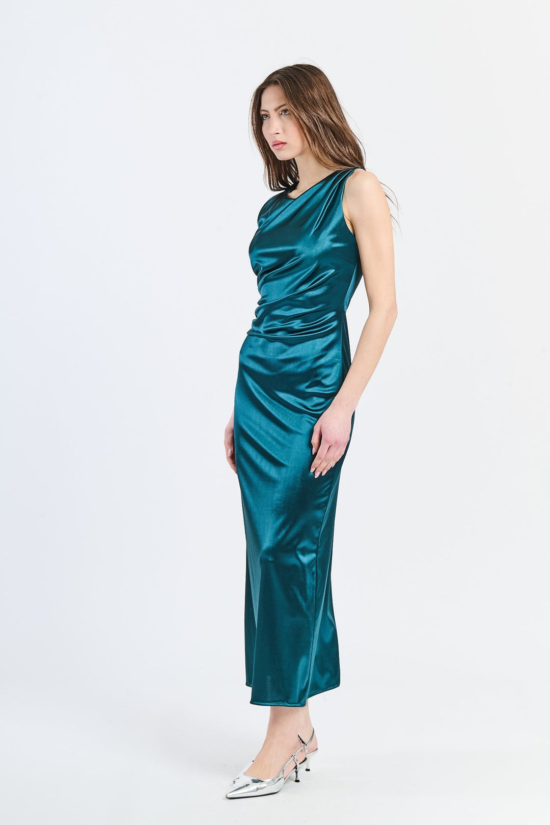 “Zaffira” Dress – Satin Midi Dress with Side Draping and Asymmetrical Neckline