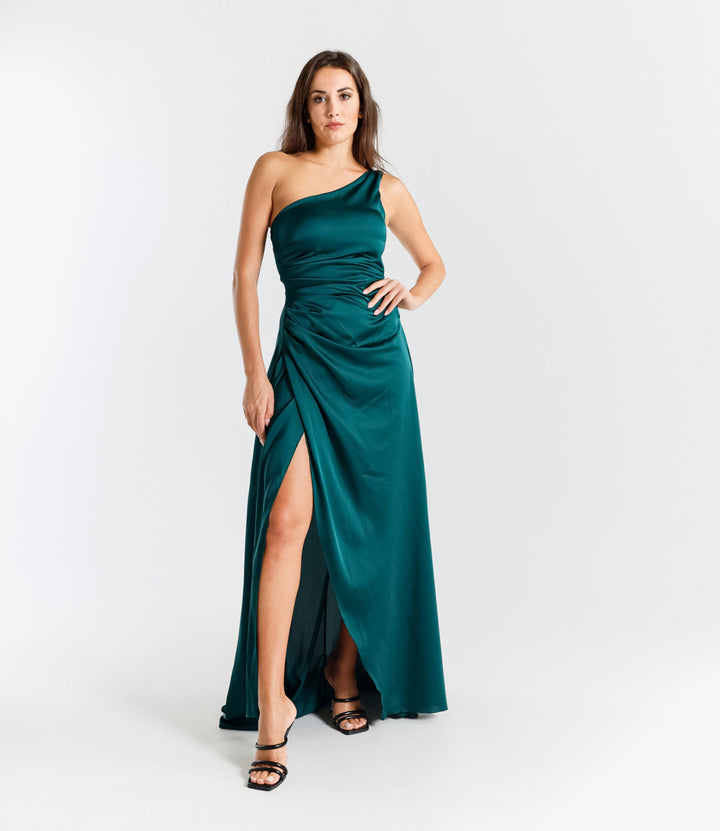 Elegant Long Dress in One-Shoulder Satin with Side Slit “Living Silk”