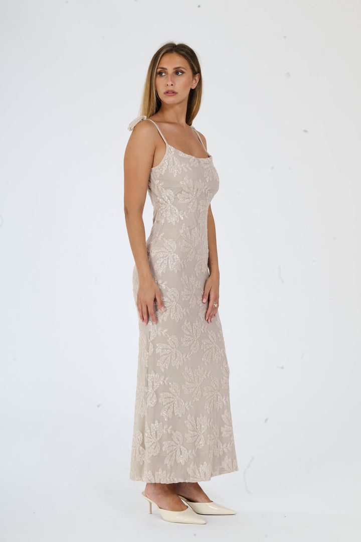 “Melvya” Dress – Long Beige Dress with Thin Straps and Raised Floral Embroidery