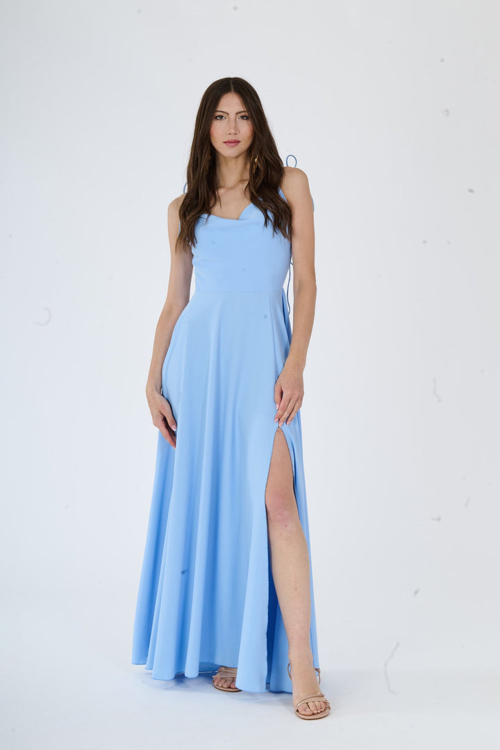 "Isadora" Dress – Long Polyester Dress with Slit and Tied Straps