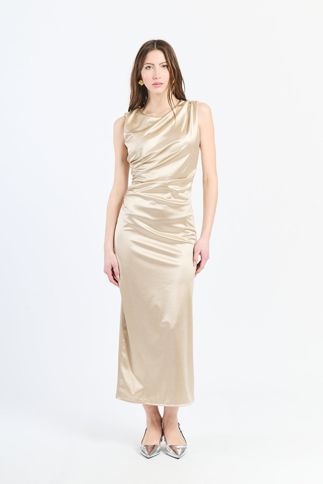 “Zaffira” Dress – Satin Midi Dress with Side Draping and Asymmetrical Neckline