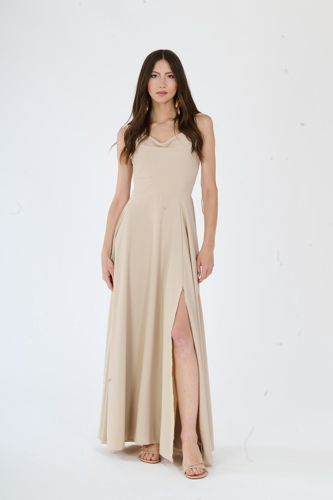 "Isadora" Dress – Long Polyester Dress with Slit and Tied Straps