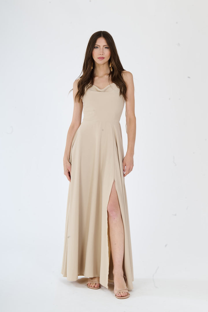 "Isadora" Dress – Long Polyester Dress with Slit and Tied Straps
