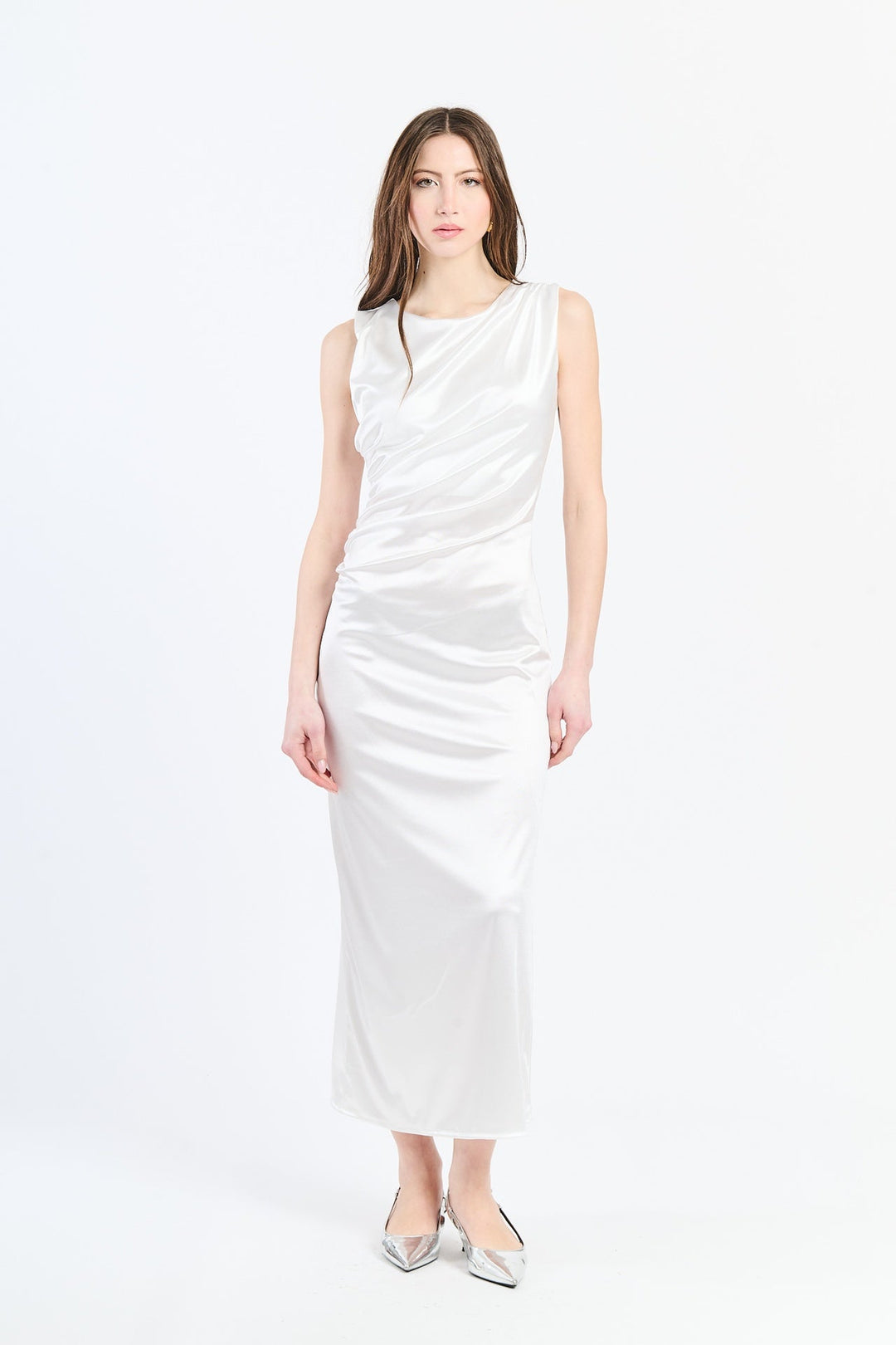 “Zaffira” Dress – Satin Midi Dress with Side Draping and Asymmetrical Neckline