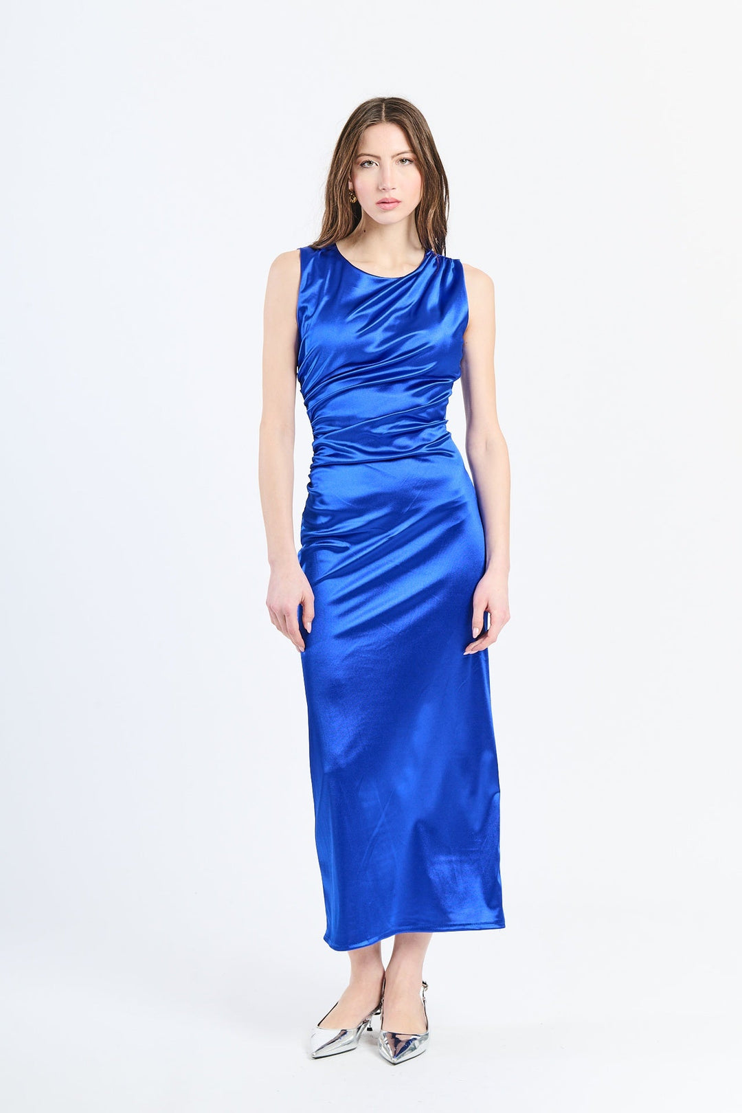 “Zaffira” Dress – Satin Midi Dress with Side Draping and Asymmetrical Neckline