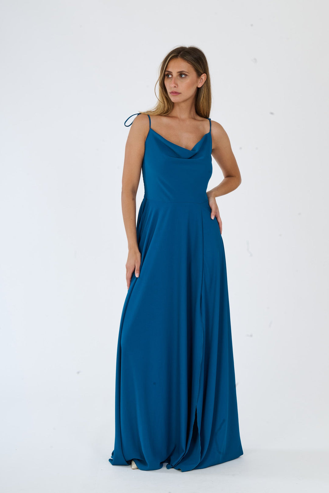 "Isadora" Dress – Long Polyester Dress with Slit and Tied Straps