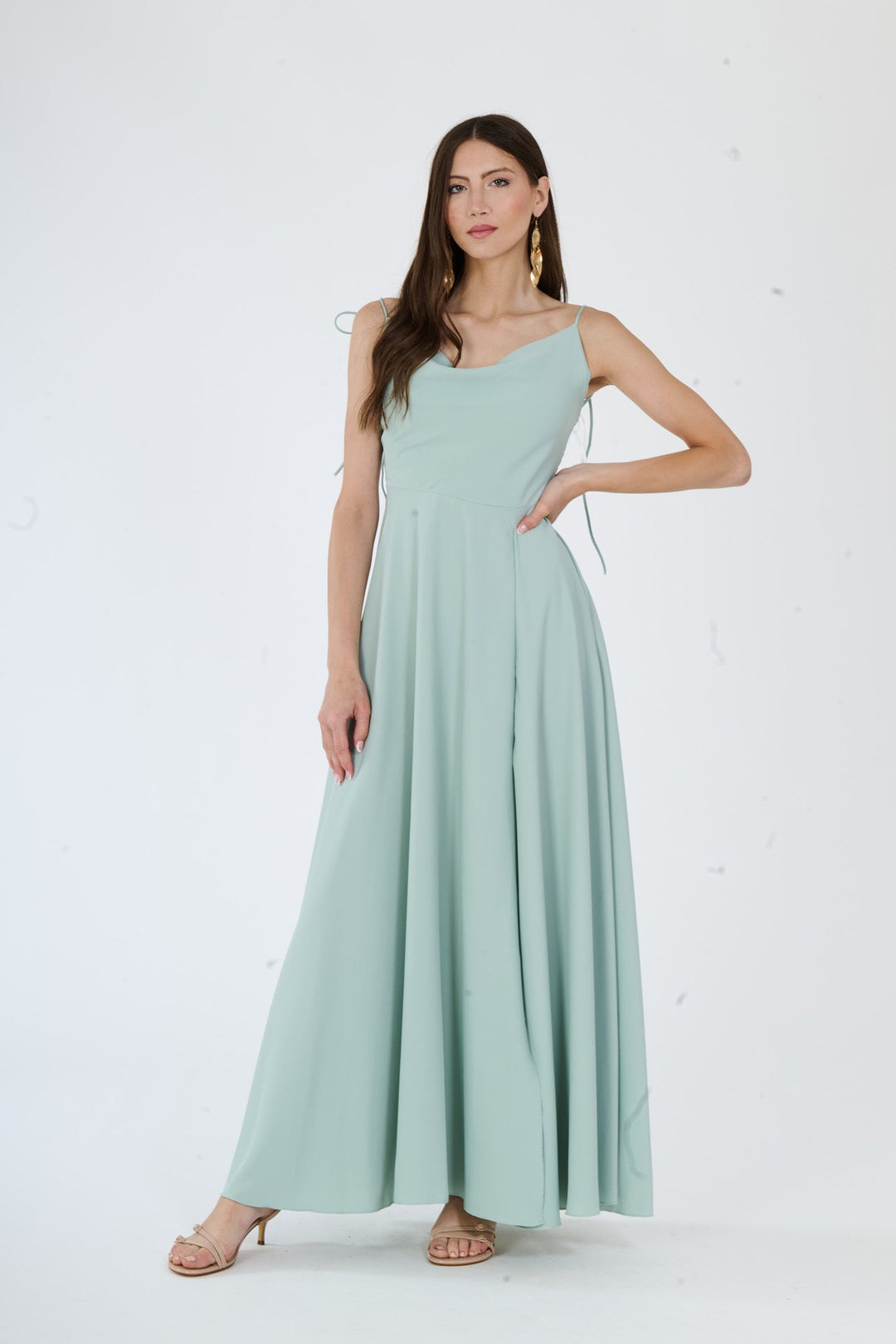 "Isadora" Dress – Long Polyester Dress with Slit and Tied Straps