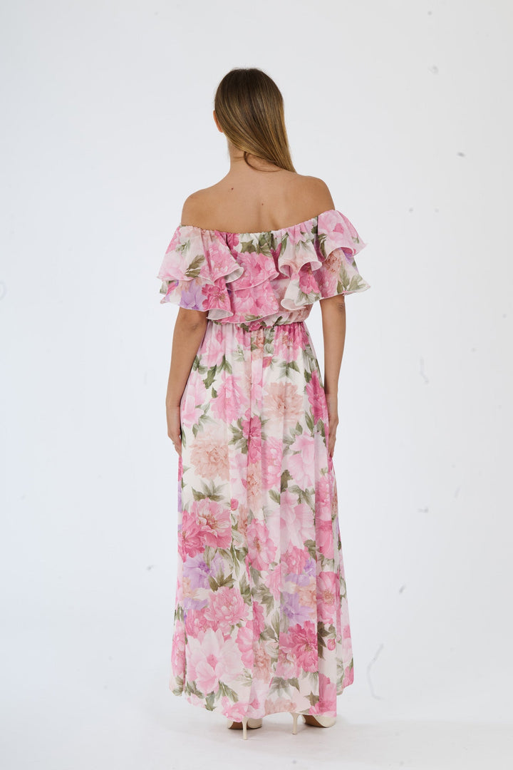 “Hydrangea” Dress – Long Floral Dress with Off-the-Shoulder Sleeves and Romantic Ruffles
