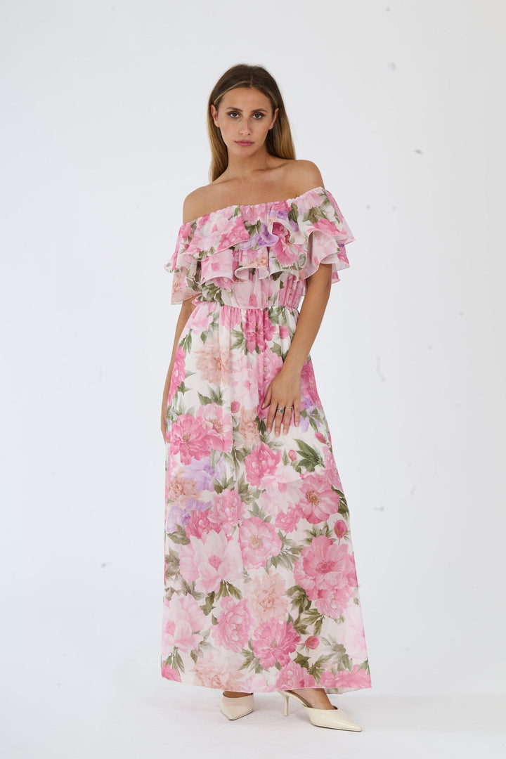 “Hydrangea” Dress – Long Floral Dress with Off-the-Shoulder Sleeves and Romantic Ruffles