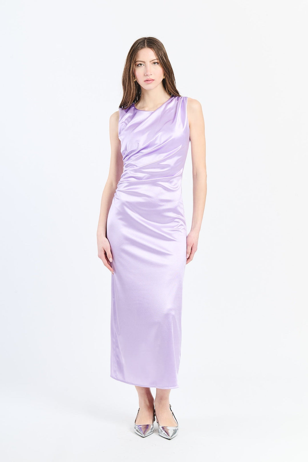 “Zaffira” Dress – Satin Midi Dress with Side Draping and Asymmetrical Neckline