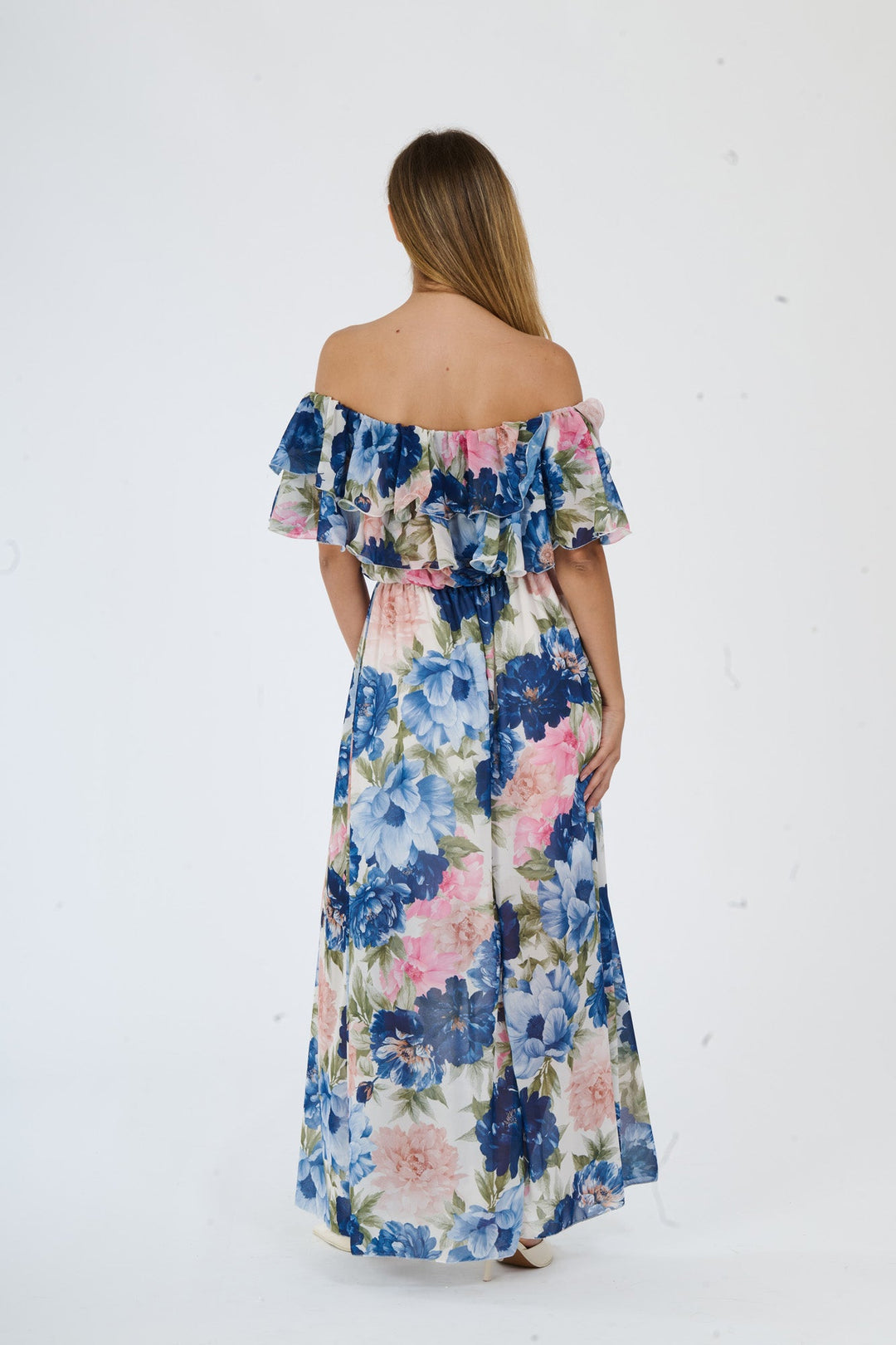 “Hydrangea” Dress – Long Floral Dress with Off-the-Shoulder Sleeves and Romantic Ruffles